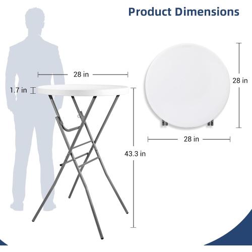 Set of 2 Size  28 inch Color White Cocktail Table 28in Folding Round High Top Indoor Outdoor with Removable Legs, Tall Bistro Foldable Bar Height Table for Parties, Patio, Backyard, Dining, Wedding, White- 2PCS