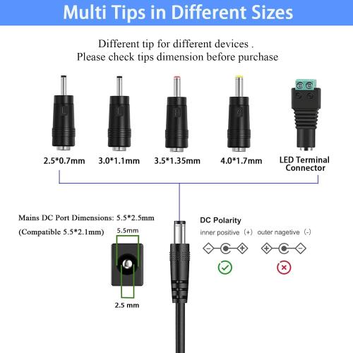 TKDY 24V 1.5A DC Power Supply Cord, fit for DC 24V 1.5A 1A 0.5A LED Light Strip, 24 Volt Light Diffuser, and More, 100-240V 50/60hz 36W 24W Power Adapter with 5 Tips (Not for Charging).