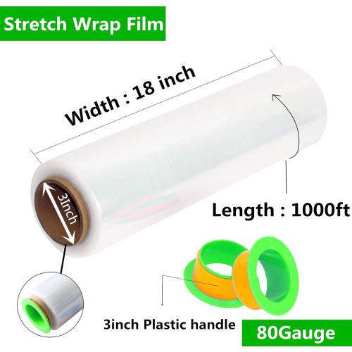 2-Pack Clear Stretch Wrap 18 x 1000 Feet 80 Gauge Industrial Strength with Plastic Handle, Plastic Pallet Supplies Durable Self-Adhering for Packing, Moving, Heavy Duty Shrink Film Rolls