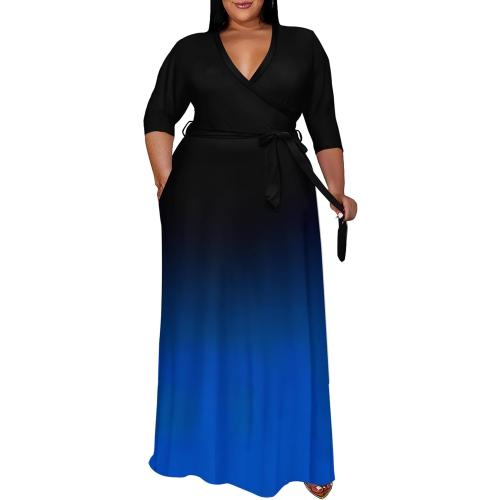 Size XXL ..Runwind Plus Size Dresses for Women Gradient Maxi Dress Flowy 3/4 Sleeve with Belt