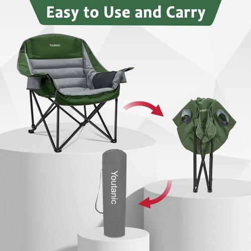Grey and Green Oversized Camping Chair, Portable Folding Camping Chairs with Side Pocket, Cup Holder and Carry Bag, Heavy Duty Outdoor Camping Chairs for Adults, Fishing, Sports, Trip, up to 400lbs, Style 7