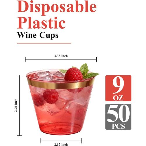 Goodluck 50PCS 9oz Red and Gold Plastic Cups for Party, Disposable Gold Rim Cups, Plastic Cocktail Glasses for Wedding Thanksgiving, Christmas, and Parties