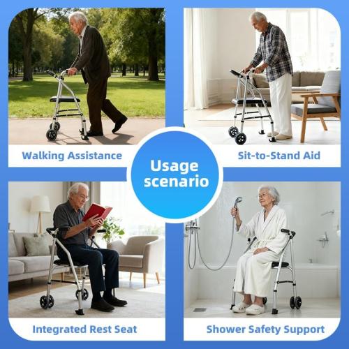 Walkers for Seniors, Standard Walker with Seat, Adjustable Two-Wheeled Walker with 5”Wheels, Lightweight, Supports 300lbs, Compact Travel Walker, Suitable for use in Car