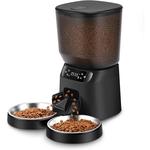 Automatic Cat Feeders for Two Cats, 5L/20 Cups Double Automatic Cat Food Dispenser with 2 Stainless Bowls, Timer Setting 20 Portions 6 Meals Per Day, 10s Meal Call (Black)