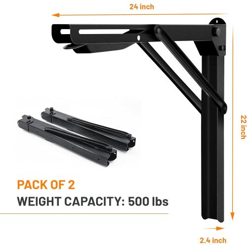 Wallmaster 24inch Folding Shelf Brackets Garage Heavy Duty Steel Max Load 500lb Floating Wall Mounted Collapsible Shelf Bracket Space Saving (Pack of 2, No Board)