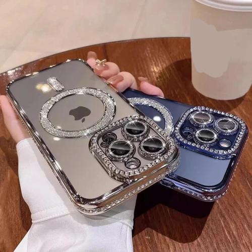 Magnetic Glitter Diamond for iPhone 15 Pro Max Case[Compatible with MagSafe] Glitter Rhinestone Diamond Camera Lens Protector Plated,Clear Slim Military Drop Shockproof Cover for Women,Pink