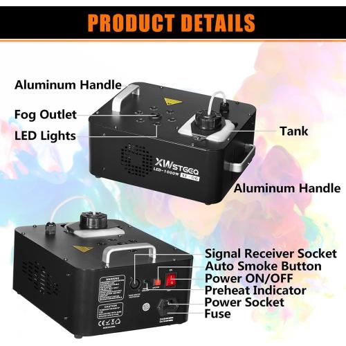 Xwstgeo Vertical Fog Machine 1000W with 6 LED Lights and Wireless Remote Control for Stage Halloween Wedding DJ Parties