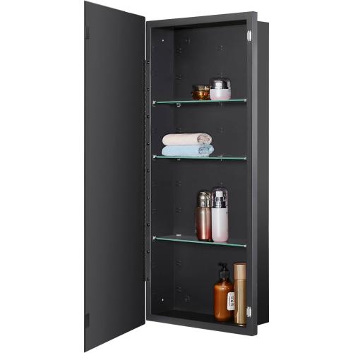 Black Bathroom Medicine Cabinet with Beveled Edge Mirrored Door 16 x 36 inch, Recessed or Surface Mount, with Adjustable Glass Shelves