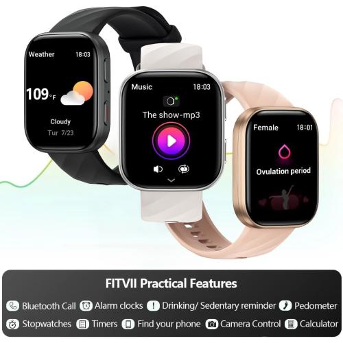 FITVII Health & Fitness Tracker (Answer/Make Calls), Smart Watch with 24/7 Heart Rate and Blood Pressure, Sleep Tracking, Blood Oxygen Monitor, 120  Sport Modes Activity Tracker for Women Men