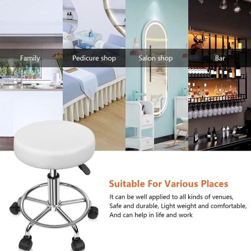 KKTONER PU Leather Round Rolling Stool with Foot Rest Swivel Height Adjustment Spa Drafting Salon Tattoo Work Office Massage Stools Task Chair White Small (White)