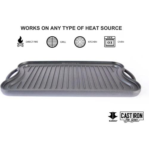 KANKA Grill Cast Iron Griddle - Extra Large Reversible Double-Sided Griddle for Gas Stove, BBQ Grill Plate, Flat Top Skillet for Stove Top, Outdoor Grill - 19.7in x 10.23in, Pre-Seasoned, Black