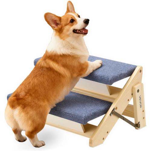 VEVOR Wood Pet Stairs, 2-Step Dog Stairs for Beds, Sofa & Cars, 110lbs Load Capacity, Floded Flat Design, Stable & Sturdy Cat & Dog Step Ladder for Small Medium Large Older Pet Puppy Essentials