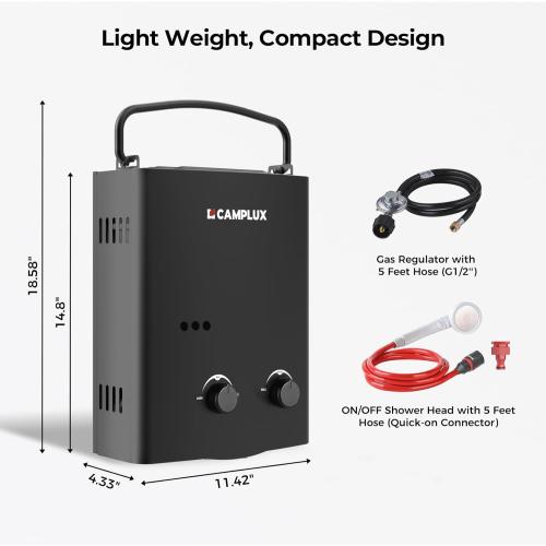 CAMPLUX 1.32 GPM Portable Water Heater, 5L Tankless Water Heater Propane Outdoor, AY132BN, Black