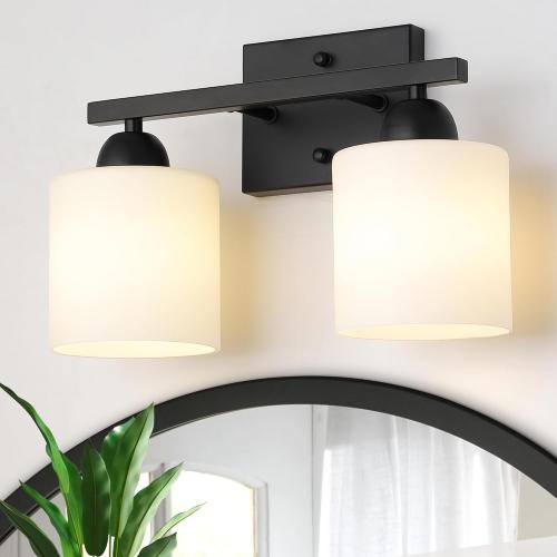 Milk Glass Bathroom Vanity Light Over Mirror, 2 Light Matte Black Bathroom Light Fixtures with Frosted Glass, Modern Vanity Lighting Wall Mount