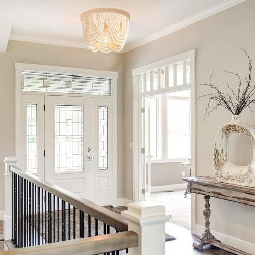 Boho Wood Beaded Chandelier, Flush Mount Ceiling Light,Farmhouse Rustic Jute Wooden Bead Chandeliers Fixture for Drawing Room，Bedroom,Hallway, Entryway,Dining Room(3-Light)