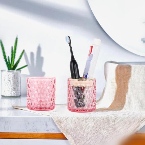 2pcs Pink Toothbrush Holders for Bathrooms, Glass Toothbrush Holder and Bathroom Tumbler Cup Set, Gold Bathroom Tooth Brush Cup Organizer for Brushes,Toothpaste and Razor