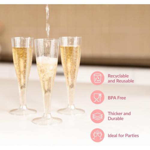 Prestee 24 Champagne Flutes Plastic - Disposable Flute - Silver Glitter Plastic Glasses for Parties - Mimosa Bar, Wedding, Shower Party, New Years Eve Party Supplies 2025 (Silver)