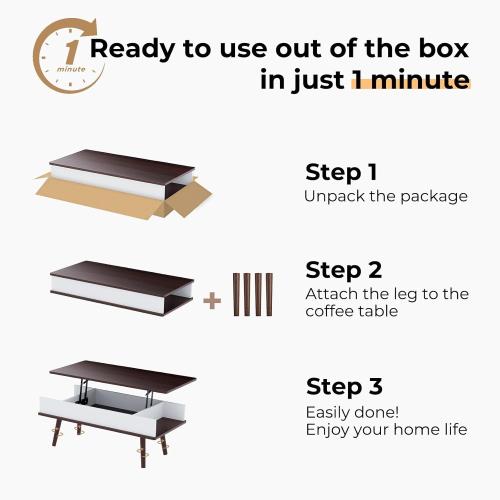Lift Top Coffee Table, One Minute No Assembly Required Rising Tabletop Center Table with Large Hidden Storage Compartment, Open Shelf, Anti-Pinch Design Mute for Living Room (Black Walnut)