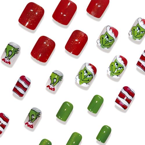 Christmas Nails,24Pcs Short Press on Nails Christmas Fake Nails with Cute Green Monster Designs Full Cover Glitter Red Green Xmas False Nail Holiday Artificial Square Glue on Nail for Women DIY Nail