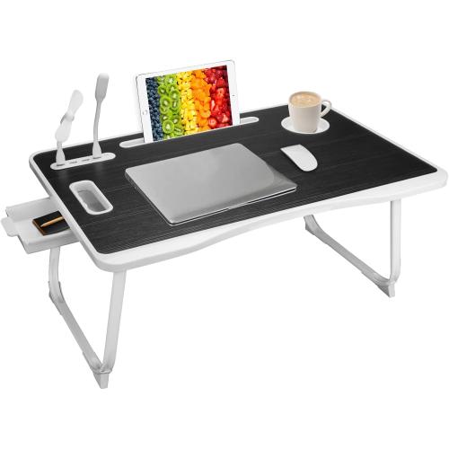 Laptop Bed Table, Laptop Desk for Bed, Foldable Laptop Bed Desk with USB Charge Port, Handle, Desktop Card Slot, Cup Slot, Side Drawer, Portable Laptop Table for Bed Eating Reading Working