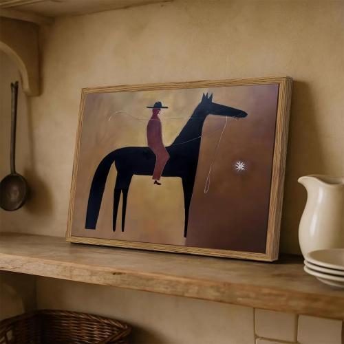 Vintage Western Cowboy Wall Art Abstract Southwestern Horse Wall Decor Painting, Mid Century Cowboy Poster Canvas Print Picture for Living Room Bedroom 16x24 inch Wood Framed