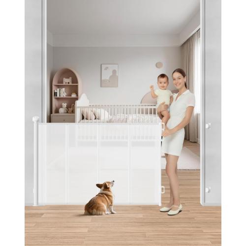Retractable Baby Gate, 55 Wide Mesh Gate with 4 Reinforced Rods, Prevents Kids & Dogs from Crawling Under, 34 Tall Easy-to-Use Pet Gate for Stairs, Bedrooms, Hallways, Indoor/Outdoor, White