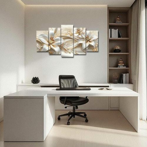 LZIMU 5Pcs Large White Gold Flower Wall Art Abstract Lily Floral Picture Elegant Blooming Canvas Print Modern Beige Painting Living Room Bedroom Decor (Gold, (8x14inx2 8x18inx2 8x22inx1))
