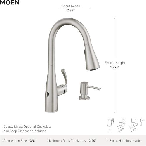 Moen Essie Mediterranean Bronze MotionSense Wave One-Handle Touchless Kitchen Faucet with Pulldown Sprayer and Soap Dispenser, 87014EWBRB