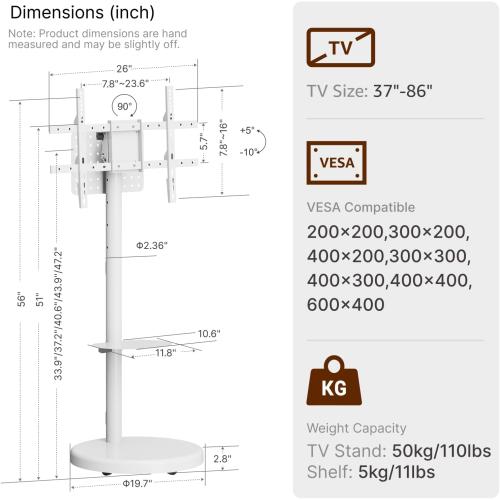 Height Adjustable Rolling TV Stand for 37-86 Inch TV up to 110 Pounds, Portrait to Landscape, Heavy Duty Mobile TV Cart with Shelf Max VESA 600x400mm (White)