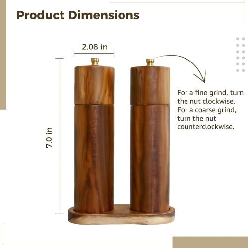 8 Inch Wooden Spice Grinder Set, Adjustable Manual Pepper Mills, Refillable Acacia Wood Pepper Grinders, Includes Base & Brush