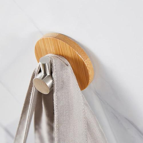 Adhesive Wall Hooks, Bamboo Wood Coat Hook for Hanging Towel Hangers for Bathroom Key Hat Hooks 4-Pack (Wood Silver)