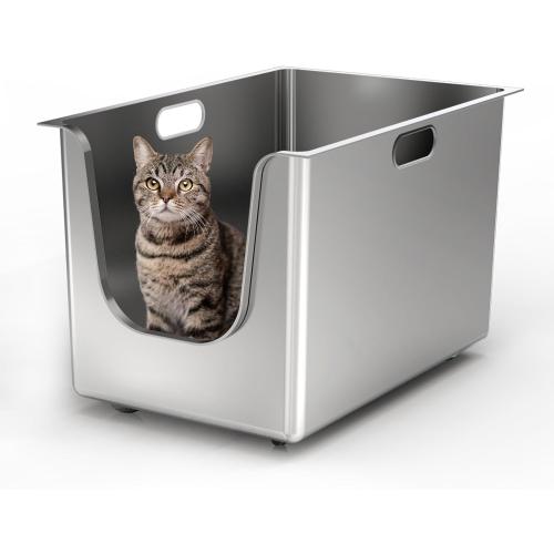 Stainless Steel Litter Box 13.7'' High Sides, XL Metal Cat Litter Box with Curved Low Entry, Cat Litter Pan for Big & Multiple Cats, Pet Toliet with Handy Wheels for Easy Moving