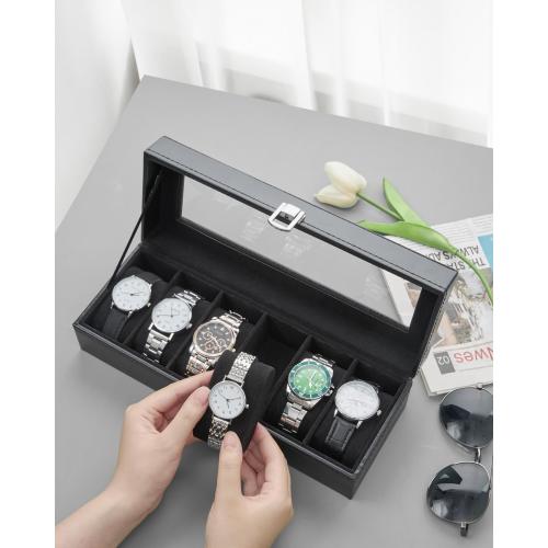 Ohuhu Watch Cases for Men Watch Box 6-Slot PU Leather Real Glass Lid Jewelry Organizer Storage Soft Velvet Watch Holder Display Case for Women Birthday Fathers Day Valentine's Day Gifts