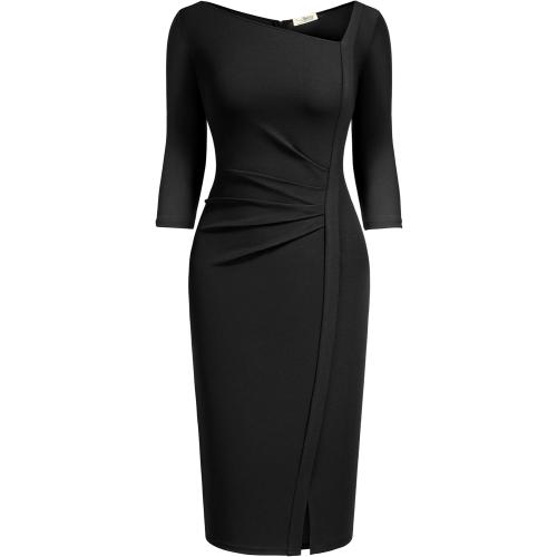 Size S.... Women's Retro 3/4 Sleeve Ruched Elegant Business Pencil Sheath Dress