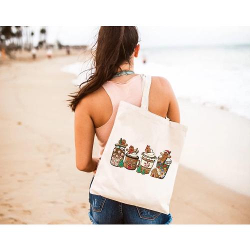 Gingerbread Christmas Coffee Canvas Tote Bag for Women Cute Latte Drink Reusable Grocery Shopping Bags Girls Gifts