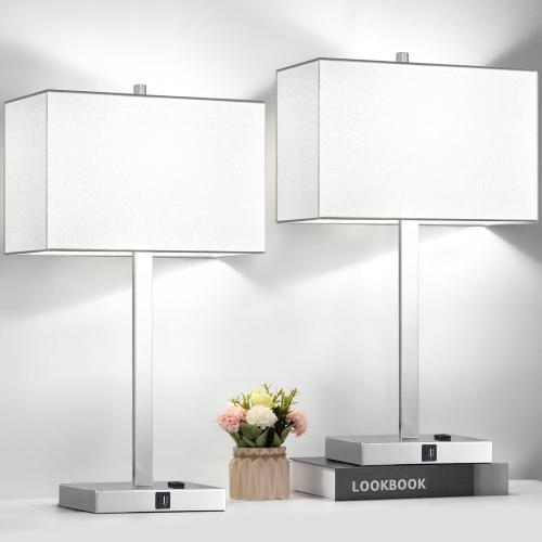21 Set of 2 Touch Control Table Lamps with 2 USB & AC Outlets, 3-Way Dimmable Modern Nightstand Lamps for Bedroom Living Room Office Reading, White Shade Bedside Lamps, 5000K LED Bulbs Included.