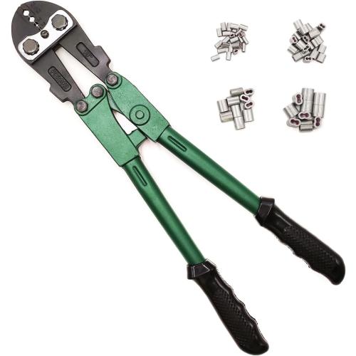 FenceMate 4 Slot Crimping Swaging Tool Kit to Join High Tensile Steel Wires, Ropes with 4 Sizes Assorted Sleeves, Spanner & Gauge Tool, 18 Hand Crimper Swager for Splicing Wires, Crimp wrench