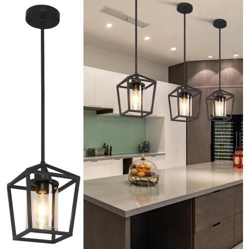 1 Pack Black Pendant Light Fixture Farmhouse Iron Cage Metal Pendant Light Lantern Hanging Light Fixtures with Clear Glass Shade for Kitchen Island, Dining Room, Hallway,Entryway1