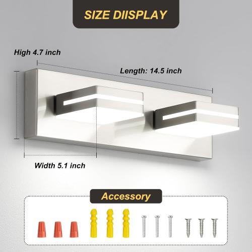 Size L14.5 x W4.7 x H5.9 OKELI 2-Light Bathroom Vanity Light Fixture Brushed Nickel Modern Mirror Front Lamp for Bathroom, Stairs, Hallway Bedside Dimmable Cold White 24W ETL Listed, 350° Adjustable Lamp Head