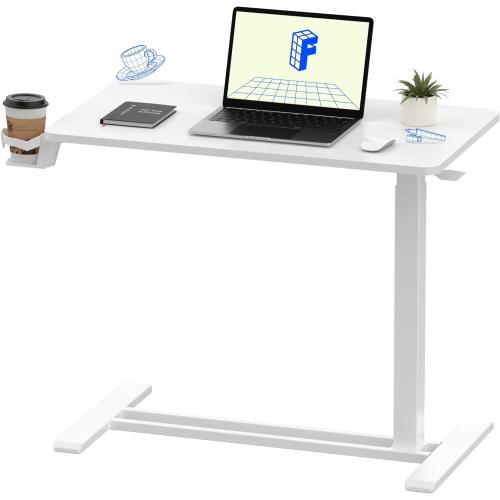 FLEXISPOT H7 32 Pneumatic Height-Adjustable Overbed Table with Wheels | C-shaped bedside table,Medical End Table,Rolling Cart TV Tray,Laptop desk for Hospital Home office use,31.5Wx17.7D,White