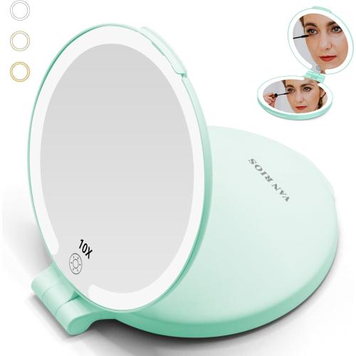 6.3 Inch Rechargeable Folding 10x Magnification Double Sided Makeup Mirror with Lights, Portable Travel Mirror for Women with Nearsightedness | Travel Essentials for Women