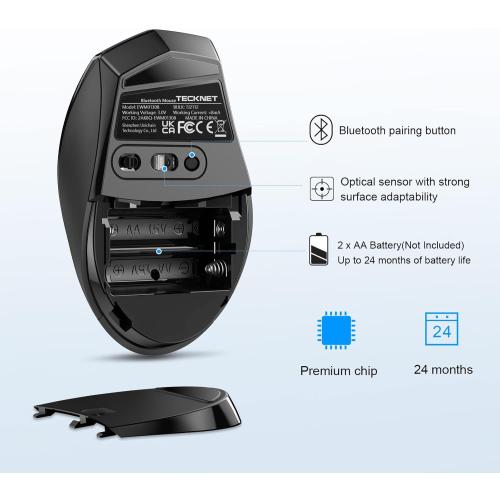 TECKNET Bluetooth Mouse, 4800 DPI Wireless Mouse, 2-Year Battery 6 Adjustable DPI, 6 Buttons Compatible with Laptop/Windows/Computer - Black