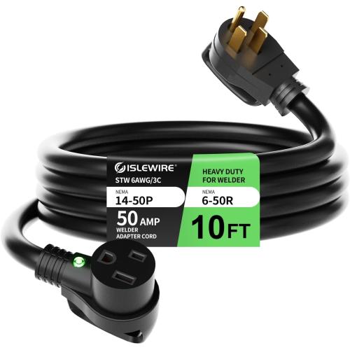 6 AWG Welder Extension Cord 10FT, NEMA 14-50P to 6-50R Adapter, 50 Amp 250V 12500W, Heavy Duty 4-Prong to 3-Prong Welding Power Cord with Handles & LED Indicator, Generator to Welder Use