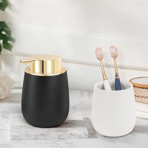 Ceramic Soap Dispenser, Refillable Dish Soap Pump Dispenser, Hand Soap Dispenser for Kitchen Sink Bathroom Counter, Modern Stylish Design (Black & White)