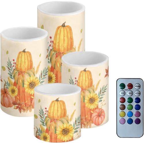 Merkmak 5.7 x 3 Battery Operated Candles with Timer 4Pcs Pumpkin Sunflower Maple Leaf Flameless LED Candles Bulk with Remote Thanksgiving Party Decor Electric Plastic Pillar Lights Bulk