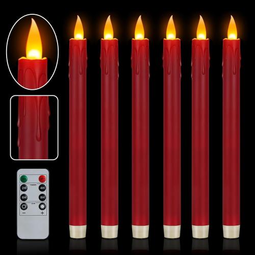 6 Pcs Burgundy Flameless Taper Candles with Remote, 10 White Battery Operated Led Candlesticks with Flickering 3D Flame, Fake Taper Candles for Halloween Anniversaries Dinner Home Décor
