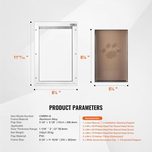 Happybuy Pet Door, 8.27 x 11.93 Aluminum Frame with Lock and Flap System, Weatherproof Doggy Door, Pet Door Suitable for Cat Doggie Kitties (White-Small)
