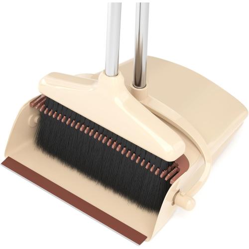 Broom with Dustpan Combo Set 54” Long Handle Household Dust Pan for Home Cleaning （Beige）