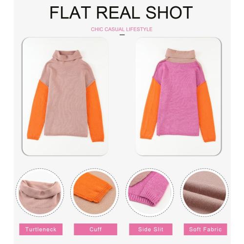 Dokotoo Womens Turtleneck Sweaters Casual Long Sleeve Color Block Side Slit Pullover Knit Jumper Tops (XL)