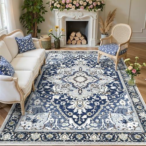 5x7 Blue Boho Area Rug Washable Non-Slip - Low Pile Farmhouse Living Room Bedroom Rug - Machine Washable Medium Indoor Carpet with TPE Backing, Vintage Easy Clean, Navy Blue Multi